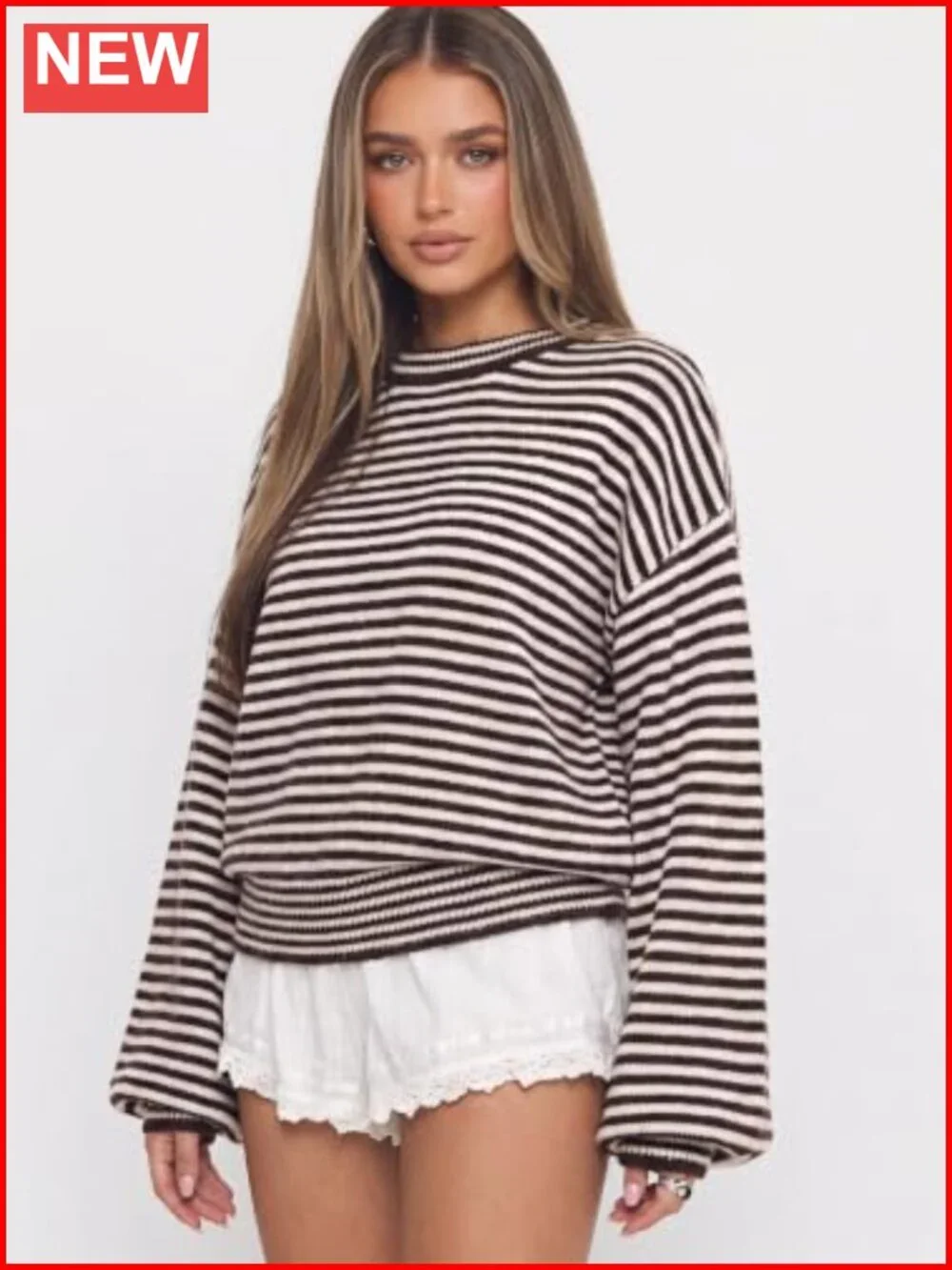 Oversized Striped Crewneck Sweater Balloon Sleeve Pullover